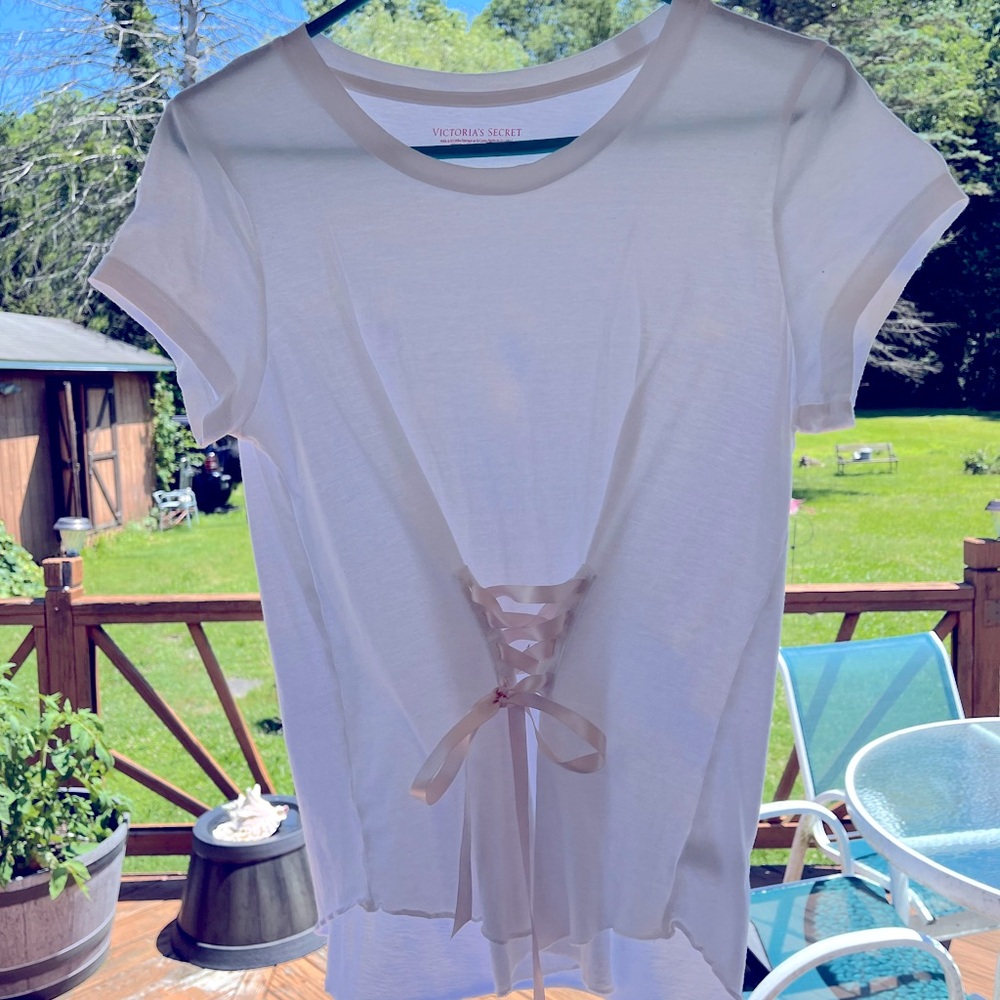 Victoria's Secret White Pink Tie Front Short Sleeve Tee